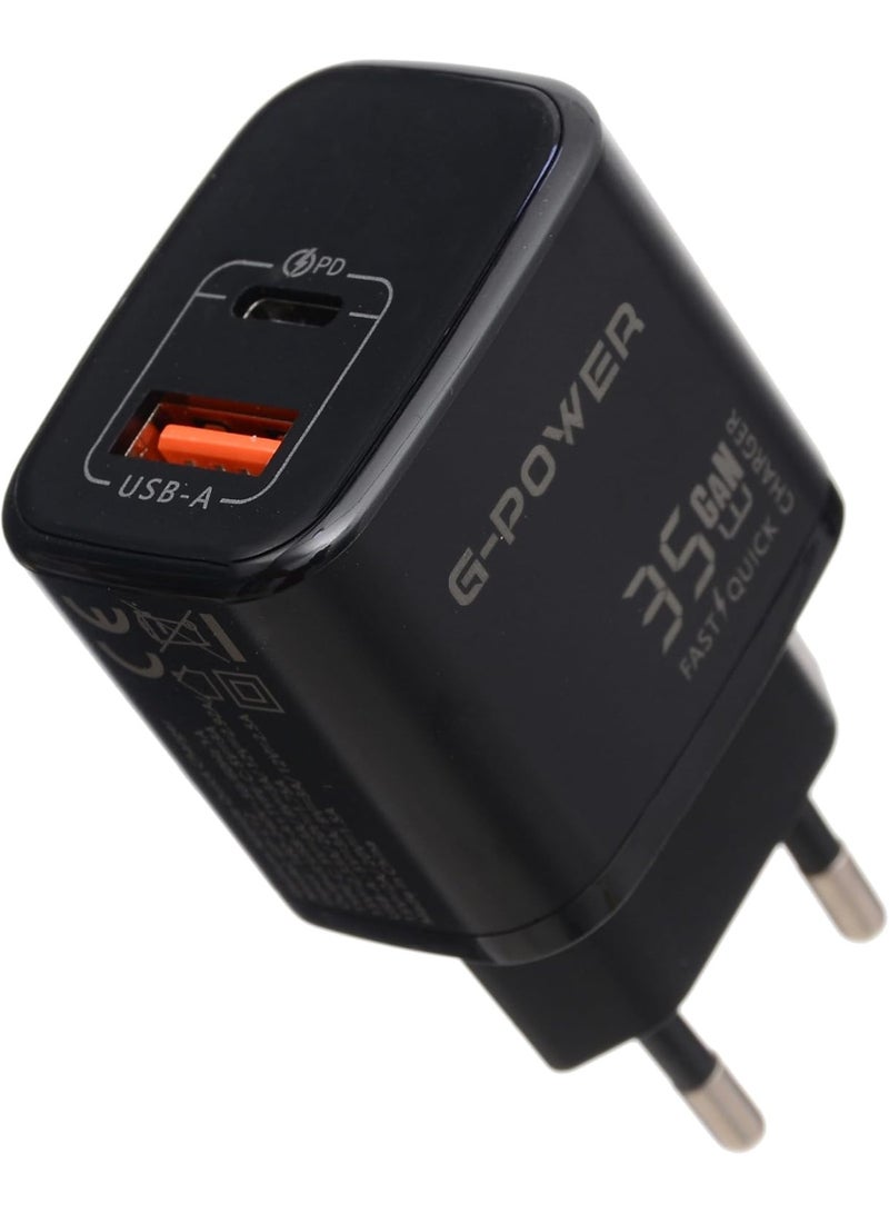 جي باور شاحن G-Power GP-C12 بقوة 35 واط بمنفذي USB (USB-A و USB-C) يدعم تقنية الشحن السريع Qualcomm Quick Charge 3.0، متوافق مع أجهزة iPhone 14/14 Plus/14 Pro/14 Pro Max/13، و Galaxy، و Pixel 4/3، و iPad - أسود - Image 1