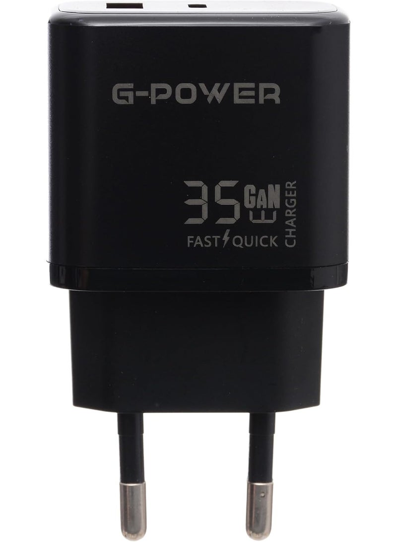 جي باور شاحن G-Power GP-C12 بقوة 35 واط بمنفذي USB (USB-A و USB-C) يدعم تقنية الشحن السريع Qualcomm Quick Charge 3.0، متوافق مع أجهزة iPhone 14/14 Plus/14 Pro/14 Pro Max/13، و Galaxy، و Pixel 4/3، و iPad - أسود - Image 2