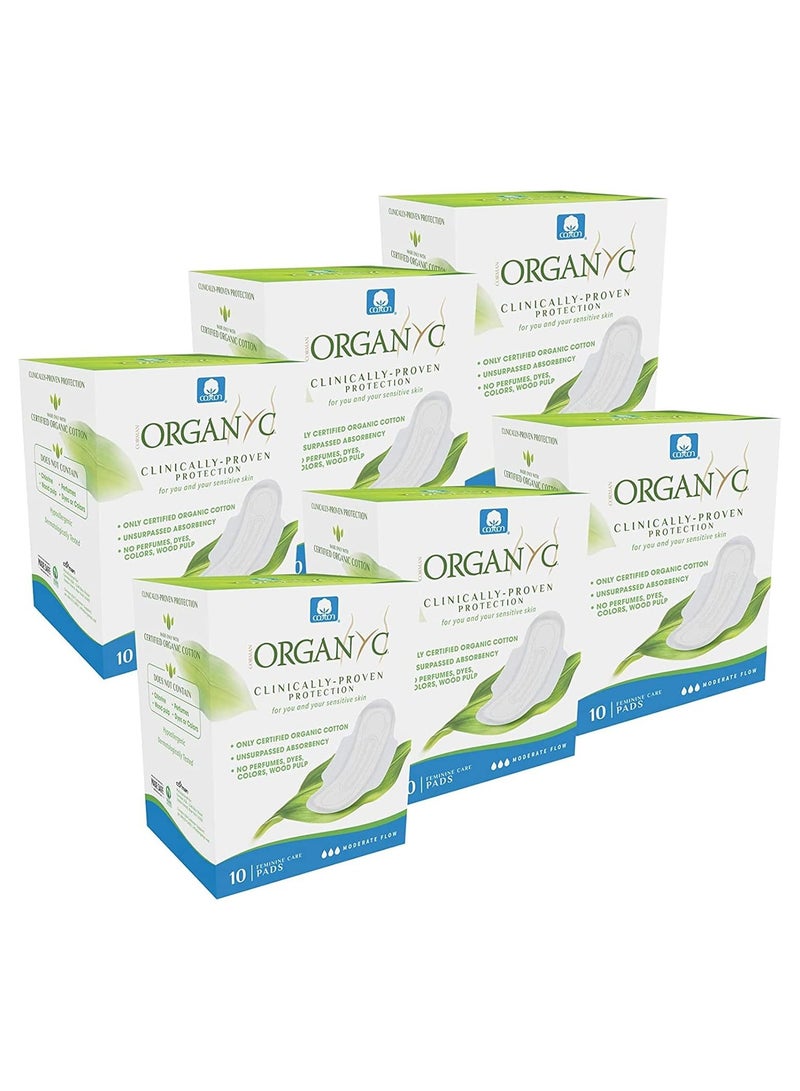 ORGANYC 100% Certified Organic Cotton Feminine Pads - Sanitary Napkin with Wings for Women, Moderate Flow, Regular Absorbency, 60 Count (6 Pack of 10 Count)