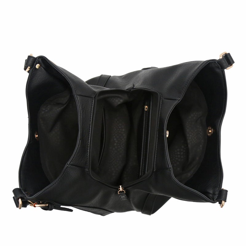 FashionPuzzle Light-weight 3 Compartment Faux Leather Medium Hobo Bag (Black) - Image 5