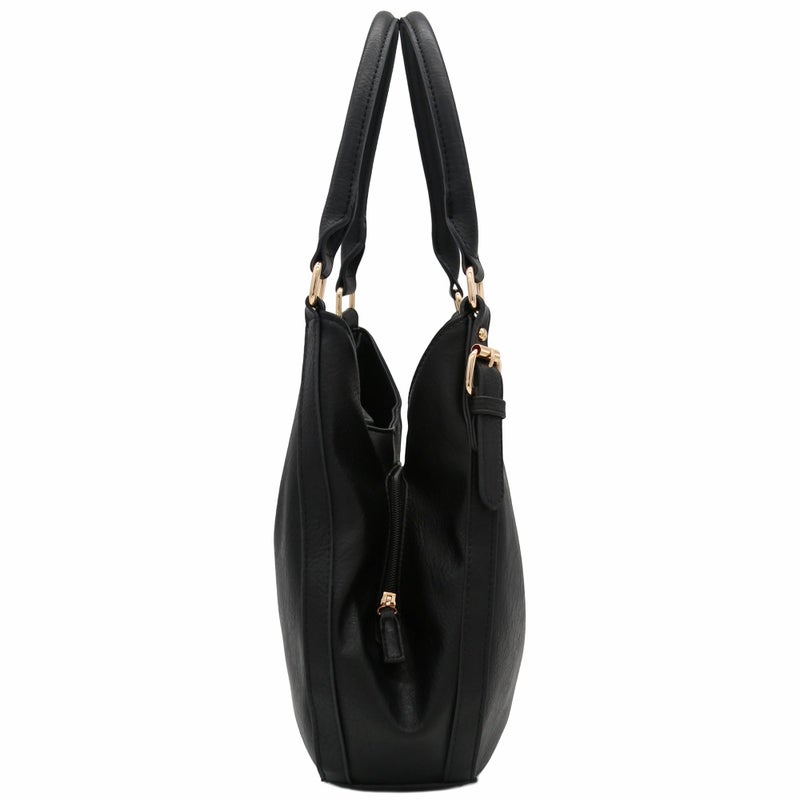 FashionPuzzle Light-weight 3 Compartment Faux Leather Medium Hobo Bag (Black) - Image 3