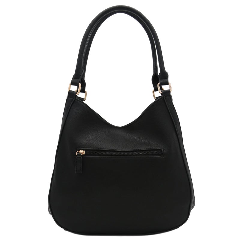 FashionPuzzle Light-weight 3 Compartment Faux Leather Medium Hobo Bag (Black) - Image 4