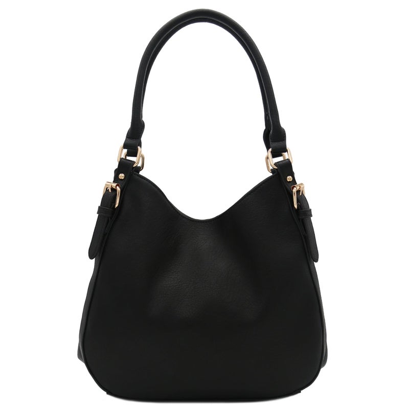FashionPuzzle Light-weight 3 Compartment Faux Leather Medium Hobo Bag (Black) - Image 1