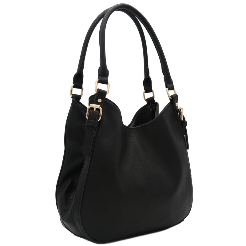 FashionPuzzle Light-weight 3 Compartment Faux Leather Medium Hobo Bag (Black) - Image 2