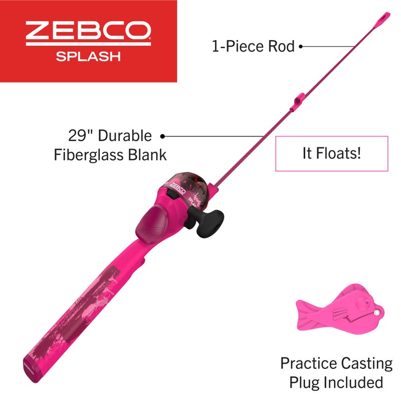 Zebco Kids Splash Floating Spincast Reel and Fishing Rod Combo, 29-Inch 1-Piece Fishing Pole, Size 20 Reel, Right-Hand Retrieve, Pre-Spooled with 6-Pound Cajun Line, Pink - Image 2