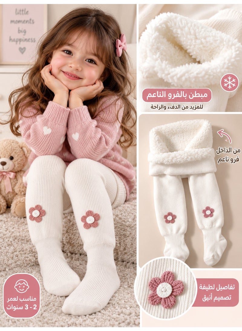 Kids’ Winter Leggings in White, Featuring a Soft, Plush Faux Fur Fleece Lining That Helps Retain Warmth and Provides Cozy Comfort During Cold Weather. Designed with Fully Enclosed Feet for Extra Coverage and Warmth, These Fleece-Lined Winter Pants Are Ideal for Everyday Wear and Suitable for Children Aged 2–3 Years. - Image 1