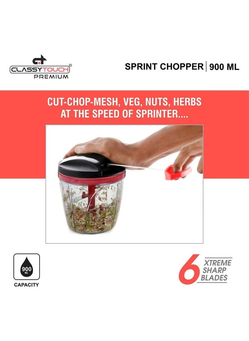 CLASSYTOUCH - Kitchen Manual Salad Chopper Chopper and Food Processor with Storage Lid Non slip Base, 6 Stainless Steel Blades for Mincing, Chopping Pureeing 900 ml, - Image 1