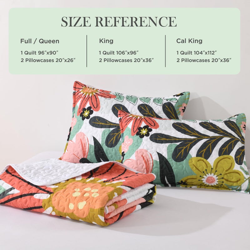 Andency Floral Boho Quilt King Size Bedding Set Green, 3 Pieces Farmhouse Flower Botanical Summer Bedspreads with 2 Shams, Soft Reversible Lightweight Microfiber Coverlet Set for All Season, 106"x96" - Image 5