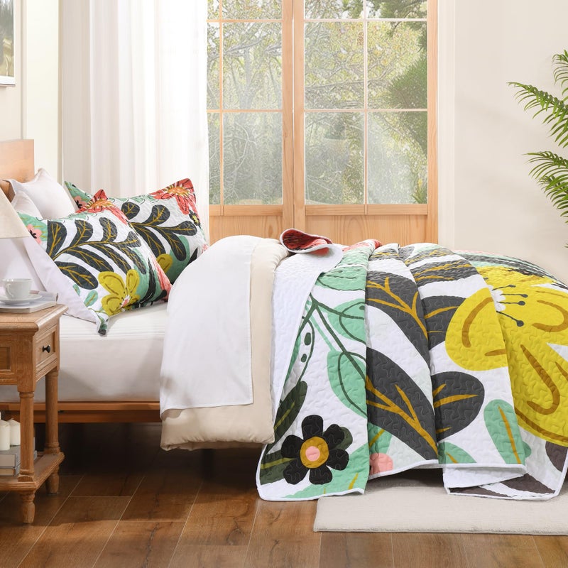 Andency Floral Boho Quilt King Size Bedding Set Green, 3 Pieces Farmhouse Flower Botanical Summer Bedspreads with 2 Shams, Soft Reversible Lightweight Microfiber Coverlet Set for All Season, 106"x96" - Image 3