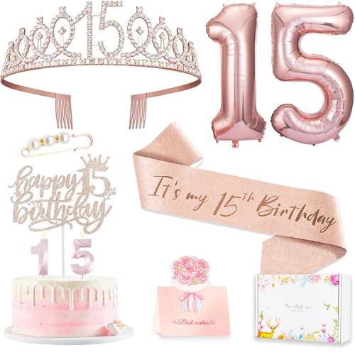 Awfrky 15th Birthday Decorations for Girls 15th Birthday Sash and Crown Cake Topper Number Candles and Balloons 15 Year Old Gifts for Girls - Image 1