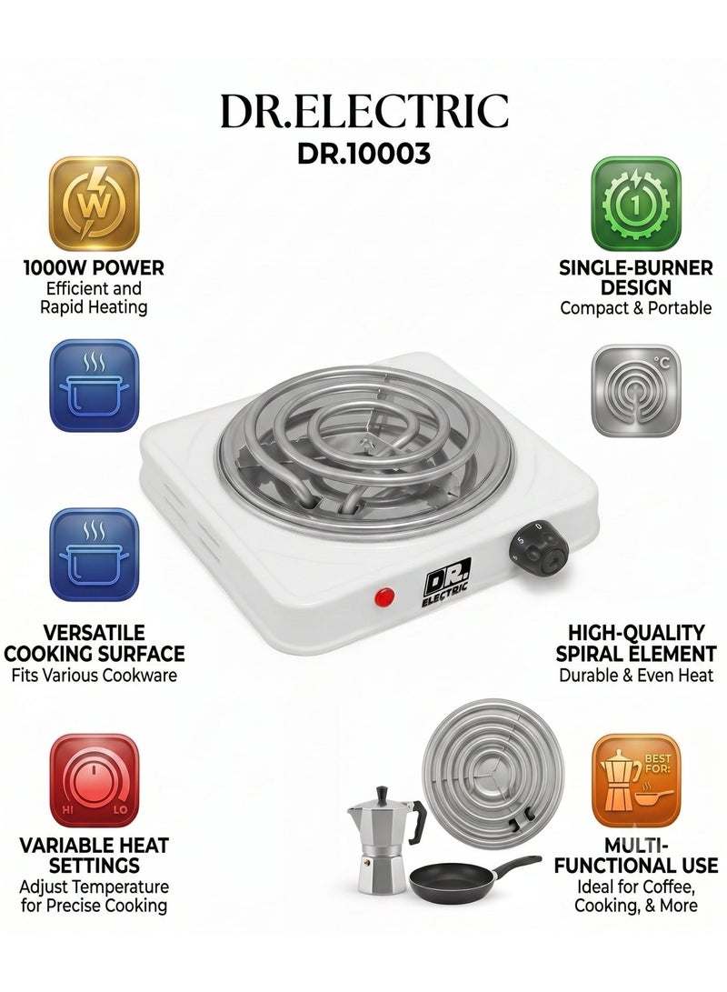 DR.ELECTRIC Spiral Electric Hob, 1000 Watts, White, Single Portable Stove with Temperature Control, DR.10003 - Image 3