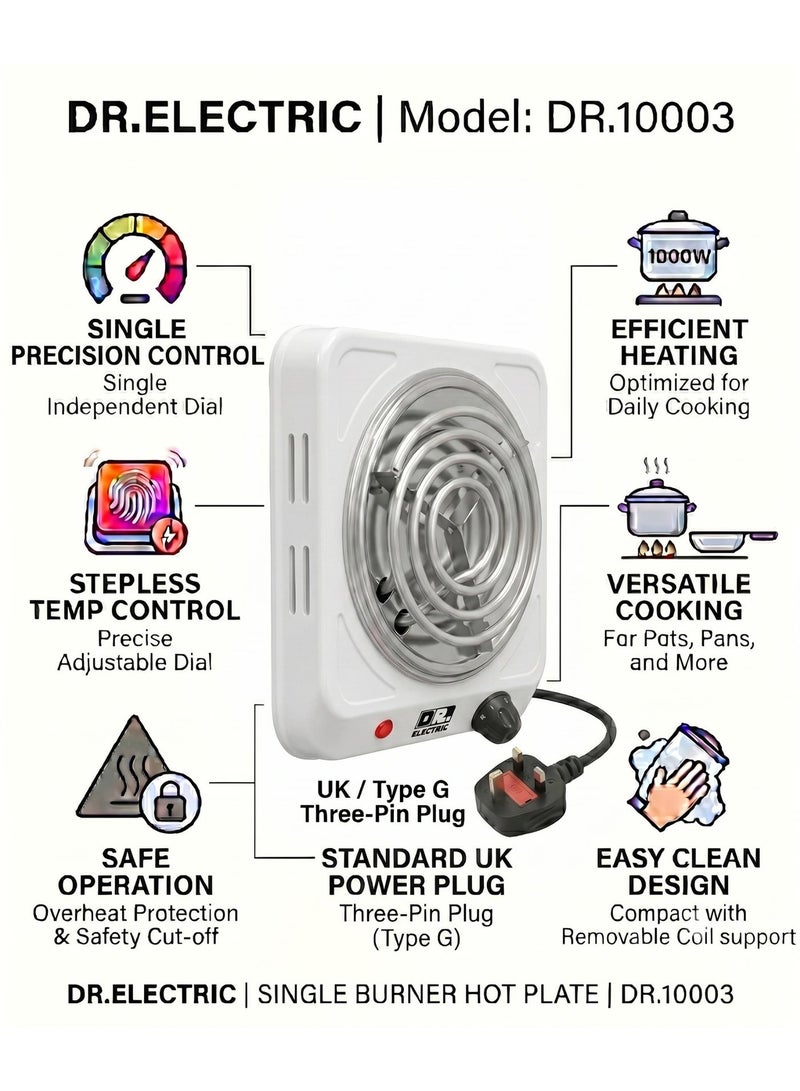 DR.ELECTRIC Spiral Electric Hob, 1000 Watts, White, Single Portable Stove with Temperature Control, DR.10003 - Image 5