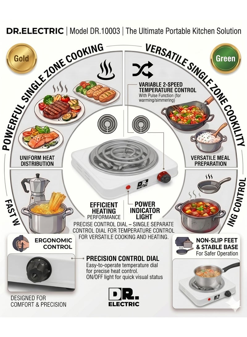 DR.ELECTRIC Spiral Electric Hob, 1000 Watts, White, Single Portable Stove with Temperature Control, DR.10003 - Image 2