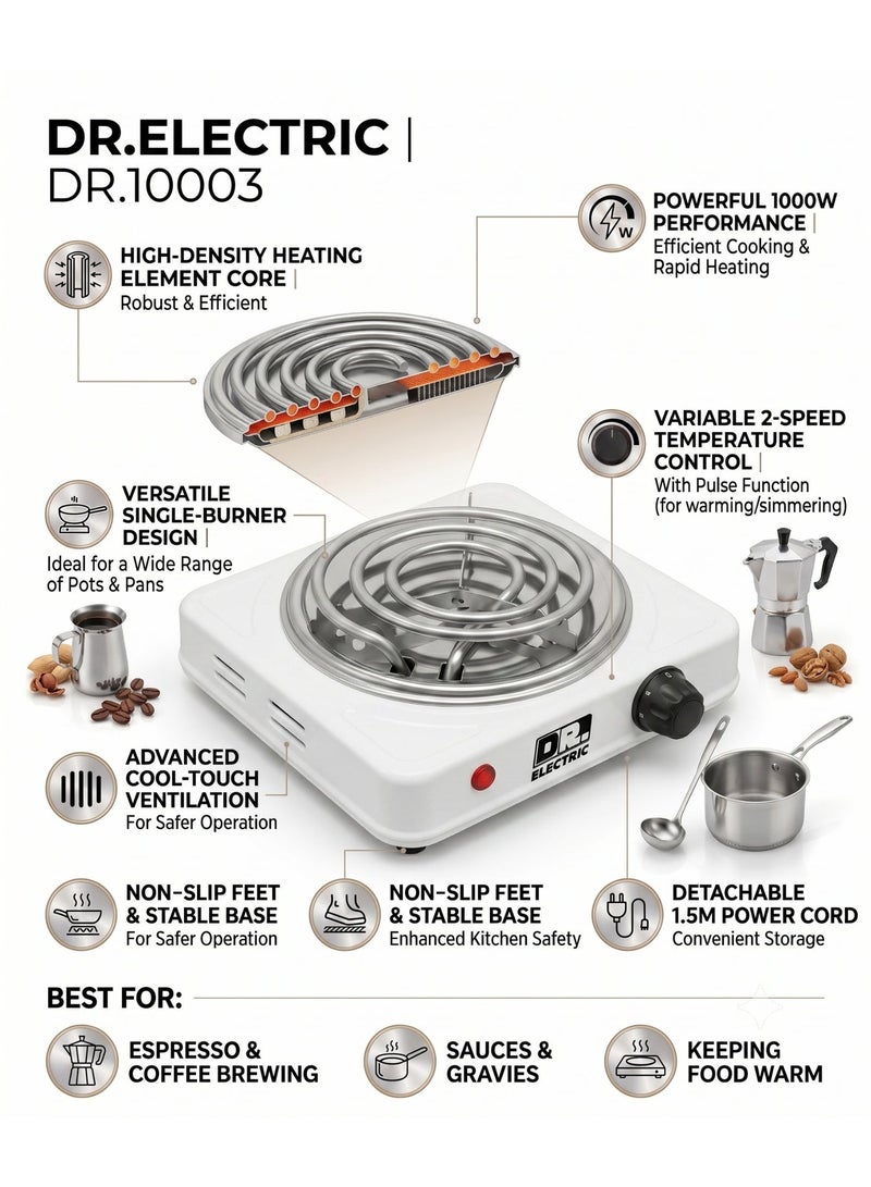 DR.ELECTRIC Spiral Electric Hob, 1000 Watts, White, Single Portable Stove with Temperature Control, DR.10003 - Image 4
