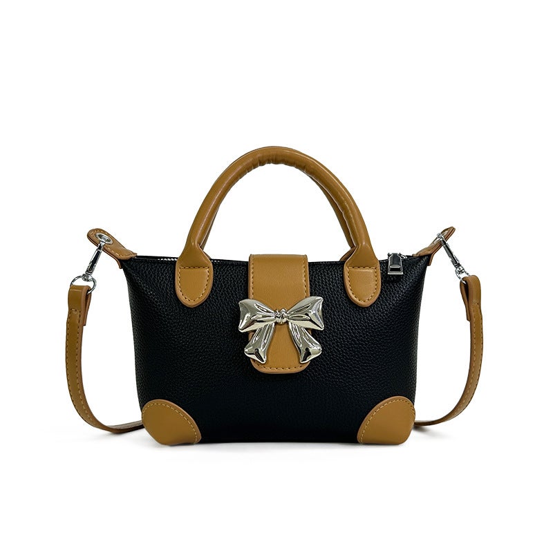 New Patchwork Colorblock Soft Leather Mini Bag for Women - Metallic Bow, Luxury Commute Casual Shoulder Crossbody Handbag