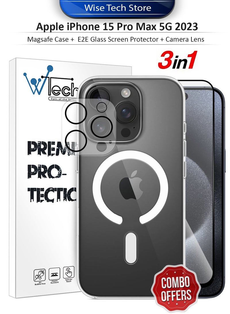 دبليو تيك حزمة حماية 3 في 1 لهاتف آيفون 15 برو ماكس 5G 2023 من آبل، غطاء شفاف مضاد للصدمات مع ميزة ماجسيف، واقي شاشة زجاجي كامل، وواقي عدسة الكاميرا للحماية 360، سهل التركيب - شفاف/أسود - Image 1