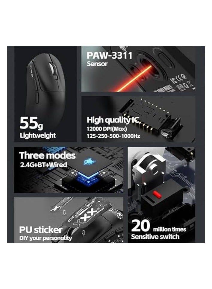 erorex [1+1] Upgraded Lightweight Wireless Gaming Mouse, with 1 Set Anti Slip/Anti Sweat Mouse Sticker, 12000 DPI(Max), 3 Custom Connection Modes 2.4G+BT+Wired, Super Sensitive Infrared Sensor Mouse (White)  - Image 2