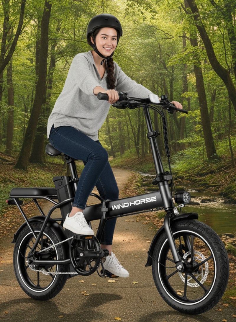 ويندهورس دراجة كهربائية قابلة للطي W2A بمحرك 350 واط سرعة 40 كم/س بطارية 48V 8AH مدى 30 كم إطارات 16 بوصة فرامل قرصية مزدوجة هيكل كربون أسود - Image 3