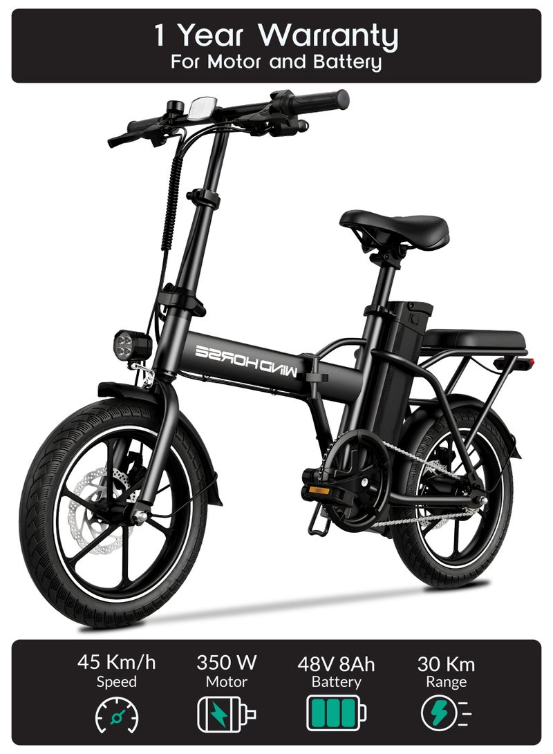 ويندهورس دراجة كهربائية قابلة للطي W2A بمحرك 350 واط سرعة 40 كم/س بطارية 48V 8AH مدى 30 كم إطارات 16 بوصة فرامل قرصية مزدوجة هيكل كربون أسود - Image 1