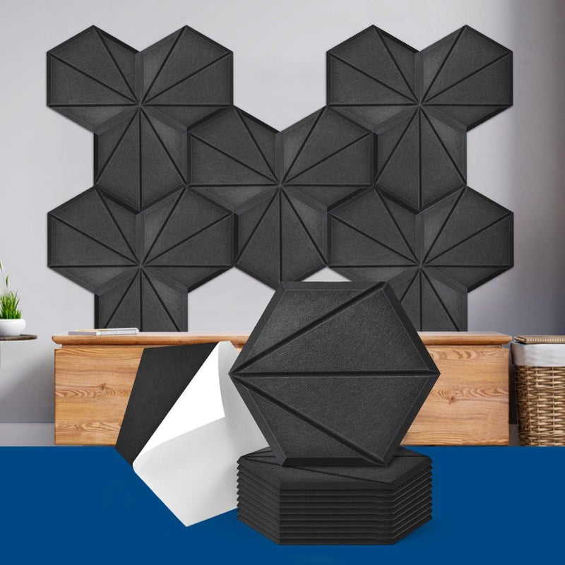 Art3dwallpanels Self Adhesive 12 Pack Acoustic Panels, 14" X 12" X 0.4" Soundproof Wall Panels, High Density Sound Absorbing Panels Hexagon Beveled Edge Sound Dampening Panels, Studio Treatment Tiles - Image 1