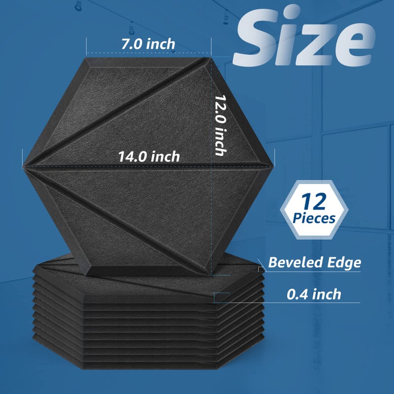Art3dwallpanels Self Adhesive 12 Pack Acoustic Panels, 14" X 12" X 0.4" Soundproof Wall Panels, High Density Sound Absorbing Panels Hexagon Beveled Edge Sound Dampening Panels, Studio Treatment Tiles - Image 3