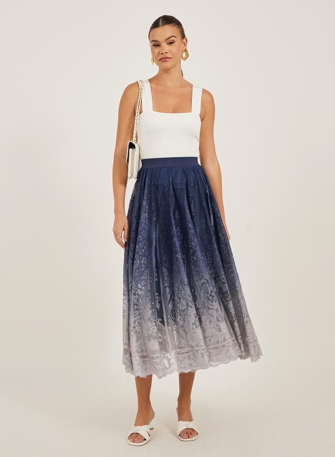 Styli Ombre Lace A-Line Midi Skirt with Elasticated Waistband  - Image 1