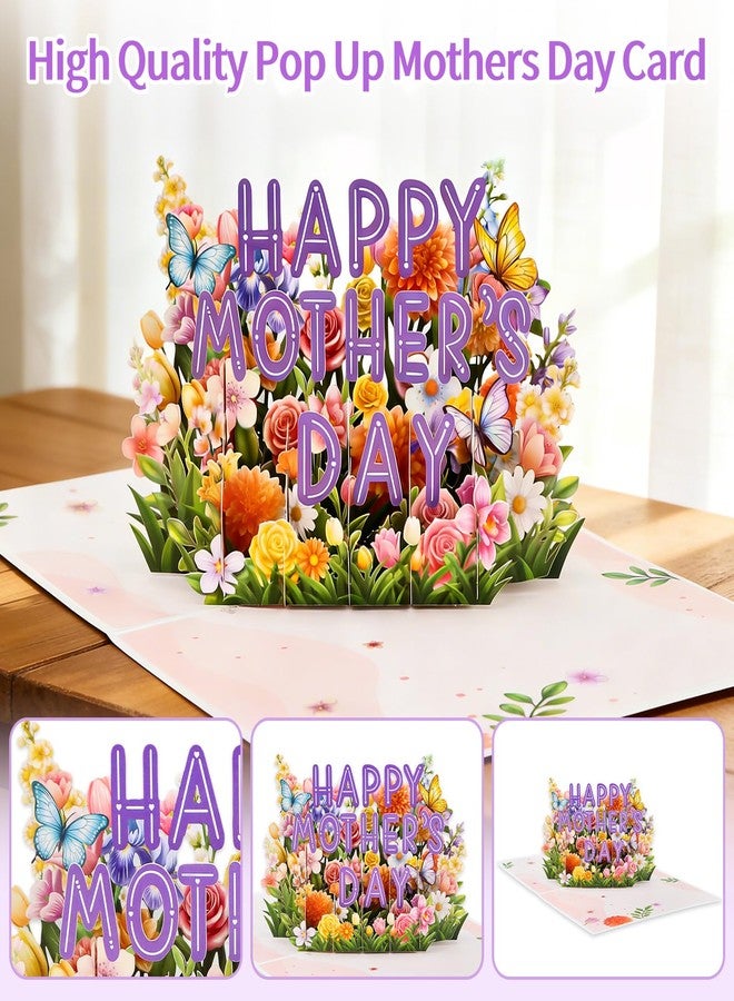 FaCraft Mothers Day Card Pop Up - Large 8x6 4-Layer 3D Flower Garden & Butterfly Centerpiece for Mom Grandma Wife - Handmade Happy Mother’s Day Card with White Pearlescent Envelope, Writing Note, Seal - Image 2