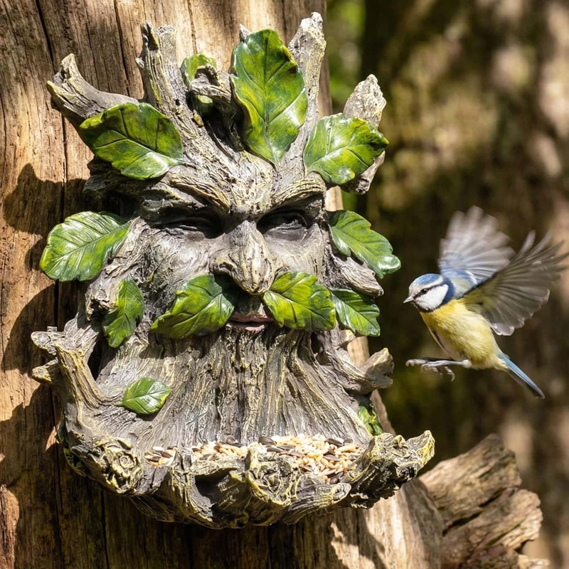 Euiroet 10.3" Whimsical Tree Face Sculpture, Garden Peeker Statue, Outdoor Trunk Tree Huggers Art, Landscape Accent Ornament, Hanging Fairy Elve Figurine for Yard Art, Feeder Decor Wall Mounted Statue - Image 1