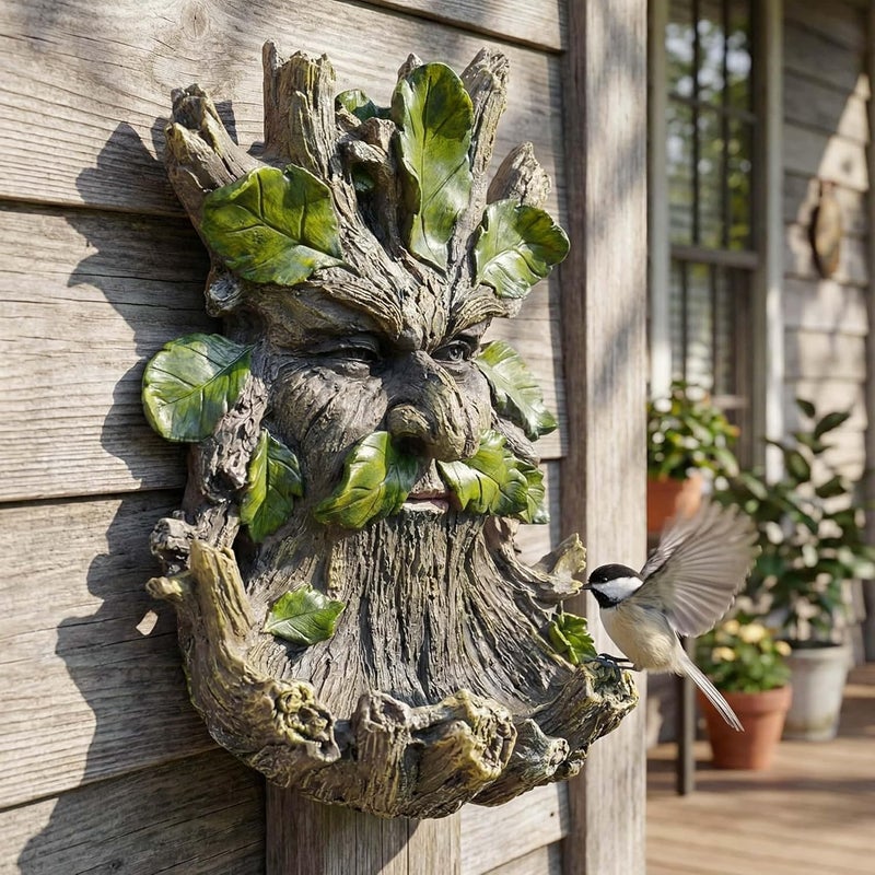 Euiroet 10.3" Whimsical Tree Face Sculpture, Garden Peeker Statue, Outdoor Trunk Tree Huggers Art, Landscape Accent Ornament, Hanging Fairy Elve Figurine for Yard Art, Feeder Decor Wall Mounted Statue - Image 4