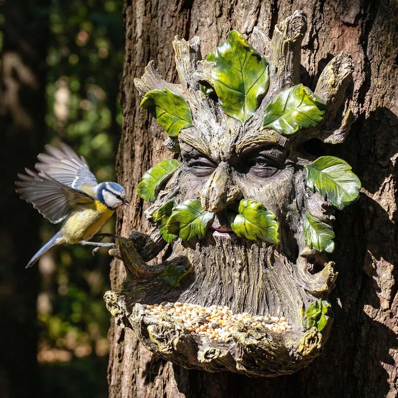Euiroet 10.3" Whimsical Tree Face Sculpture, Garden Peeker Statue, Outdoor Trunk Tree Huggers Art, Landscape Accent Ornament, Hanging Fairy Elve Figurine for Yard Art, Feeder Decor Wall Mounted Statue - Image 2