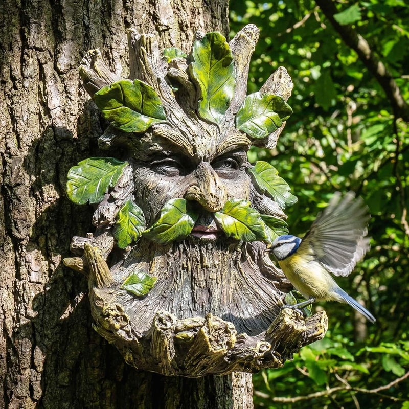 Euiroet 10.3" Whimsical Tree Face Sculpture, Garden Peeker Statue, Outdoor Trunk Tree Huggers Art, Landscape Accent Ornament, Hanging Fairy Elve Figurine for Yard Art, Feeder Decor Wall Mounted Statue - Image 3