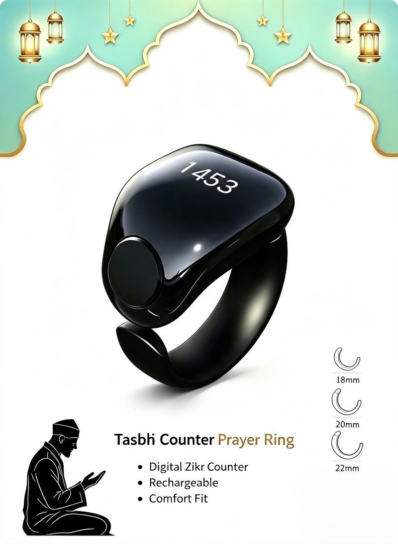ويسلاميك خاتم التسبيح الذكي Tasbih Zikr، خاتم تسبيح قابل للتعديل مع عداد أصابع بخمسة أحجام (/18/20/22 مم)، خاتم تذكير بالصلاة مع عداد رقمي مدعوم بتطبيق، خاتم تسبيح مقاوم للماء بأربعة أرقام للمسلمين (أسود) - Image 1