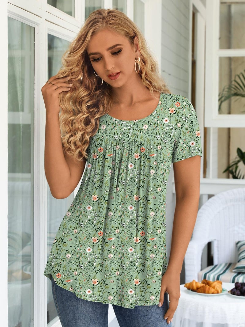 LONGYUAN Women Tunic Top for Summer 2026 T-shirts Short Sleeve Soft Tunics with leggings Loose Fitting Blouse Fl X-Large Green Flowers - Image 2
