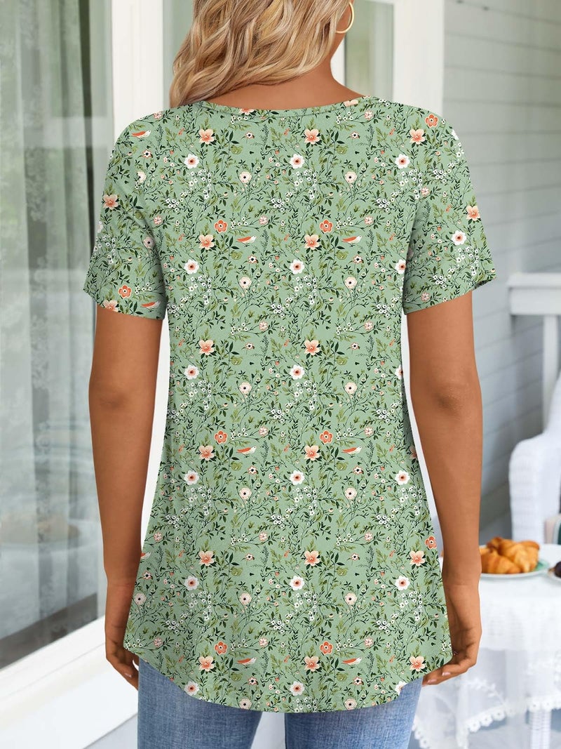 LONGYUAN Women Tunic Top for Summer 2026 T-shirts Short Sleeve Soft Tunics with leggings Loose Fitting Blouse Fl X-Large Green Flowers - Image 3