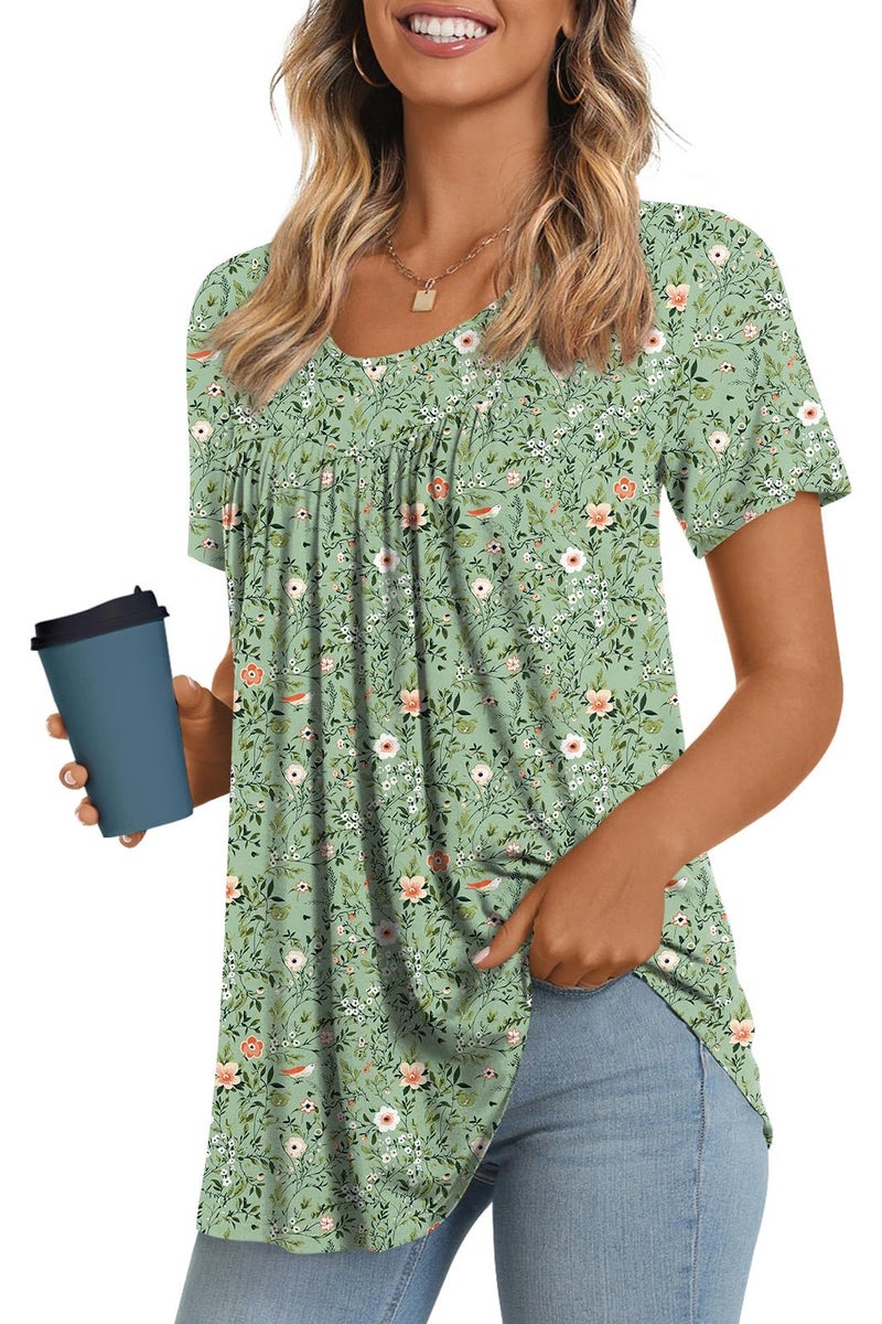 LONGYUAN Women Tunic Top for Summer 2026 T-shirts Short Sleeve Soft Tunics with leggings Loose Fitting Blouse Fl X-Large Green Flowers - Image 1
