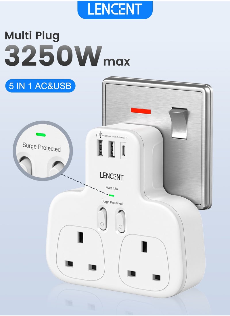 لينسينت - محول قابس مزدوج مع منفذ USB C ومنفذين USB ، موسع مقبس حائط ثنائي الاتجاه LENCENT ، زيادة التيار الكهربائي متعدد المقابس المحمي للأجهزة المنزلية ، iPhone ، الهواتف الذكية ، الأجهزة اللوحية ، 13A 3250W - Image 1