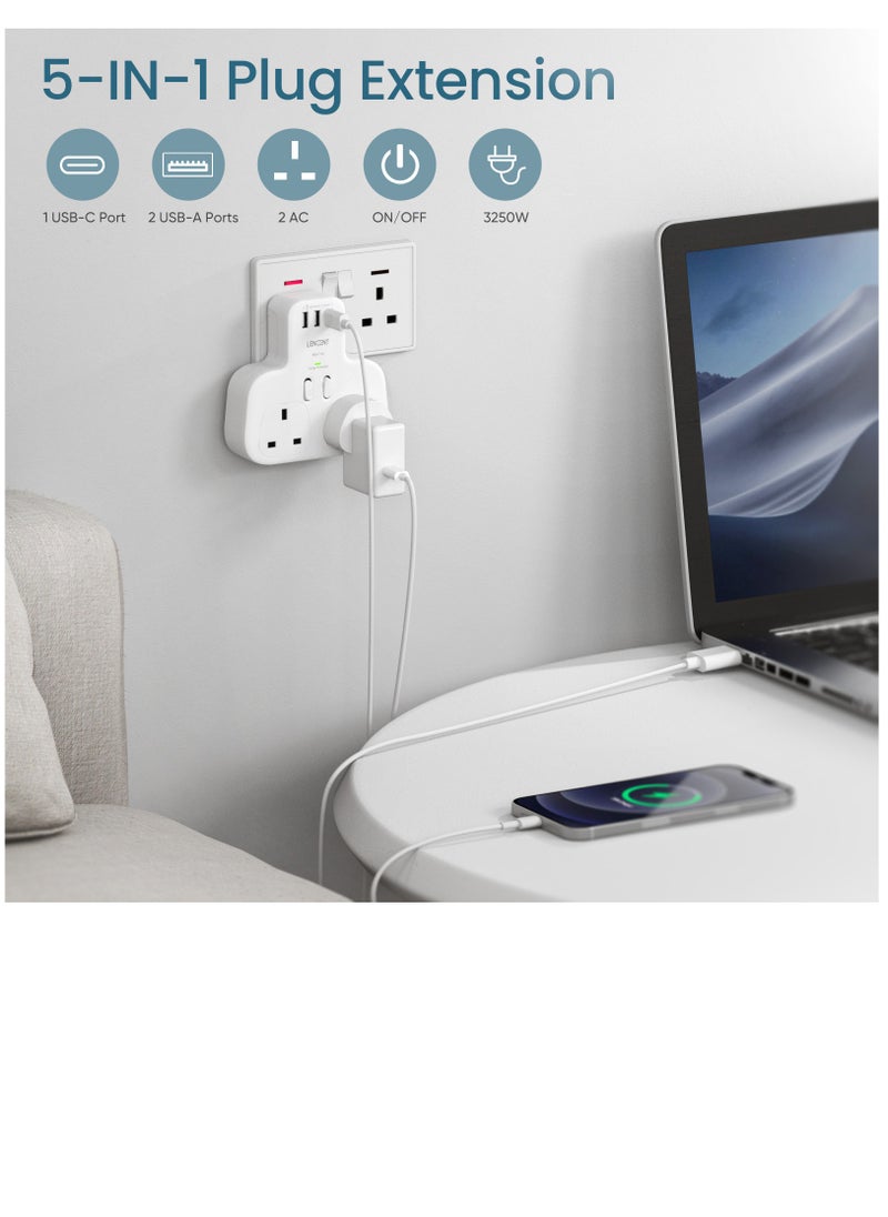لينسينت - محول قابس مزدوج مع منفذ USB C ومنفذين USB ، موسع مقبس حائط ثنائي الاتجاه LENCENT ، زيادة التيار الكهربائي متعدد المقابس المحمي للأجهزة المنزلية ، iPhone ، الهواتف الذكية ، الأجهزة اللوحية ، 13A 3250W - Image 1