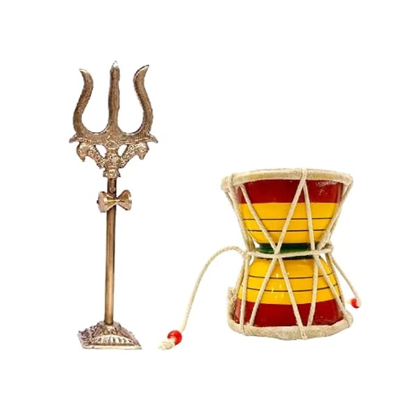 A & S VENTURES A&S Ventures Lord Shiva Trishul Statue with Square Stand and Hand Hammered Sound Damru Small Size 2.5 Inch Wooden Damru for Puja, Temple - Image 1