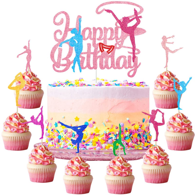 Tarklanda 25Pcs Gymnastics Happy Birthday Cake Decorations Glitter Gymnast Girl Cupcake Toppers Colorful Gymnastics Silhouette Cake Decorations for Gymnastics Theme Baby Shower Birthday Party Supplies - Image 1