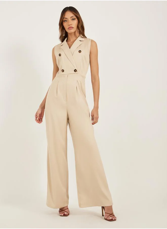 ستايلي Notch Lapel Double Breasted Wide Leg Jumpsuit