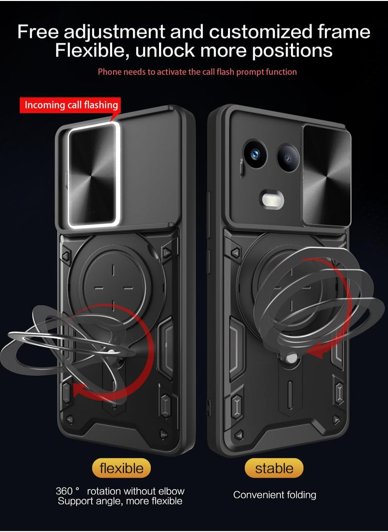 Xiaomi Redmi Note 13 Pro Plus 5G Black Mobile Phone Case Cover, Slide Camera Lens Cover, 360°Rotating Kickstand Ring, Bumper Shockproof Phone Case，Compatible with Car Magnetic Mount  - Image 3
