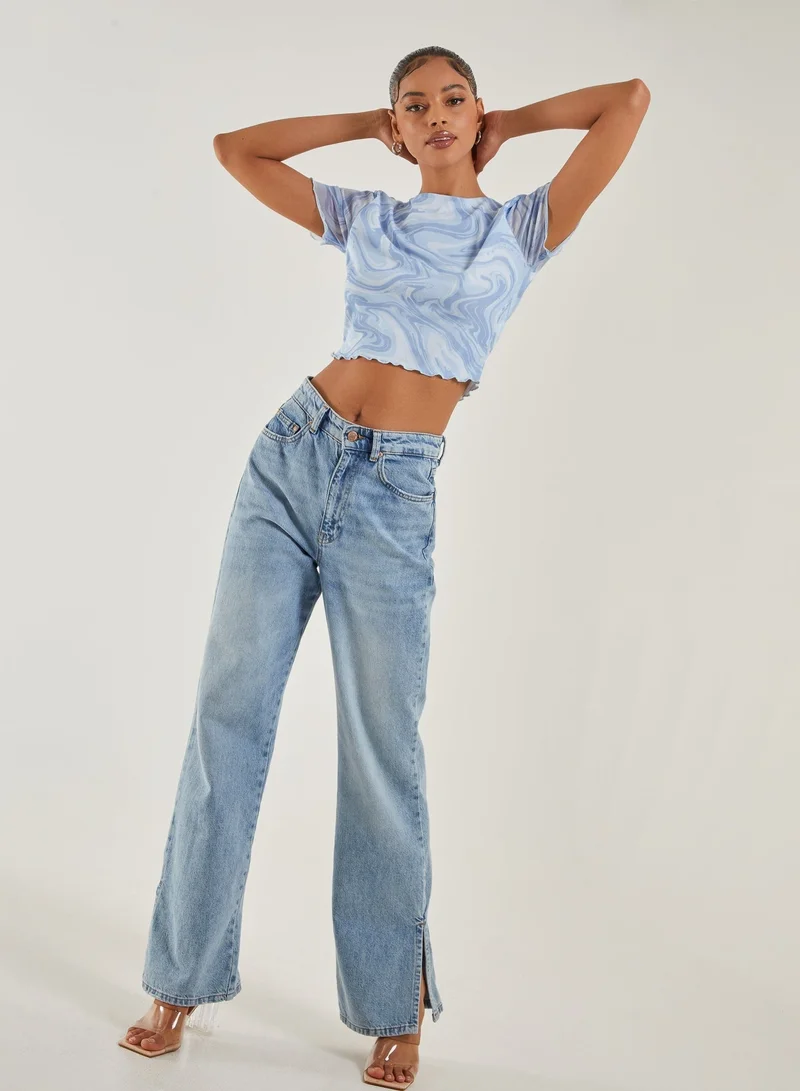 Pink Vanilla Swirl Print Capped Sleeve Mesh Top