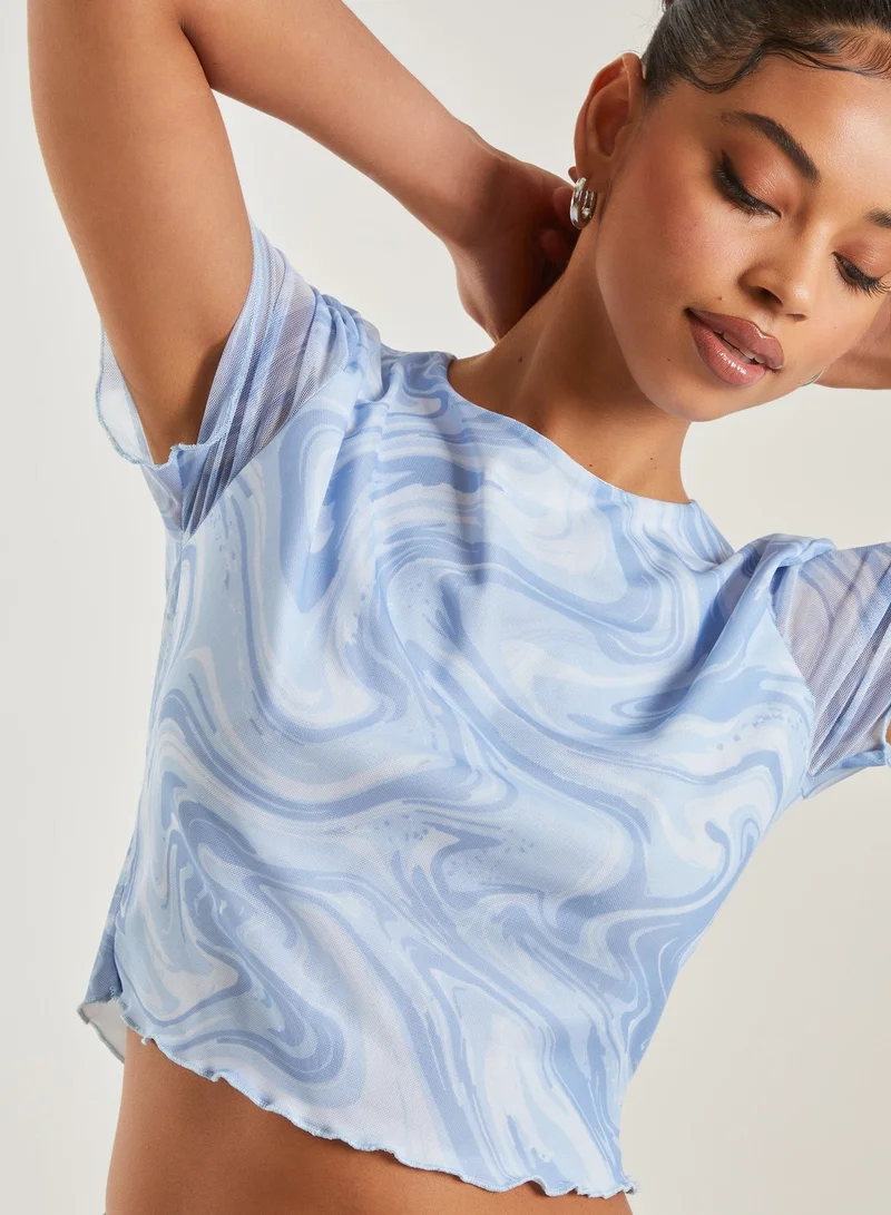 Pink Vanilla Swirl Print Capped Sleeve Mesh Top