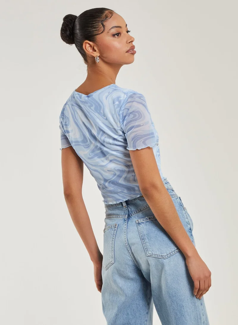 Pink Vanilla Swirl Print Capped Sleeve Mesh Top