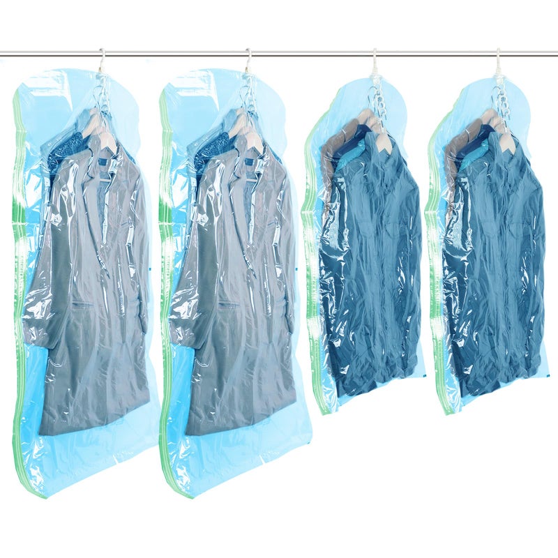 TAILI Hanging Vacuum Storage Sealer Space Saver Bags for Clothes Coat Closet Organizers 4 Pack 2 Long 2 Short Blue