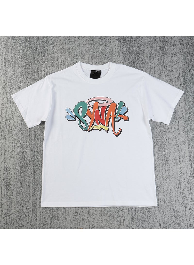 Generic - Syna Brand Streetwear Style Mens T-Shirt Letter Print Round Neck Short Sleeve Loose Fit Casual Unisex Top White - Image 1
