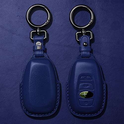 Tukellen Compatible with Subaru Leather Key Fob Cover with Keychain Fit for WRX Outback Ascent Forester Crosstrek Legacy Impreza Smart Remote, Genuine Leather Case-Blue - Image 2