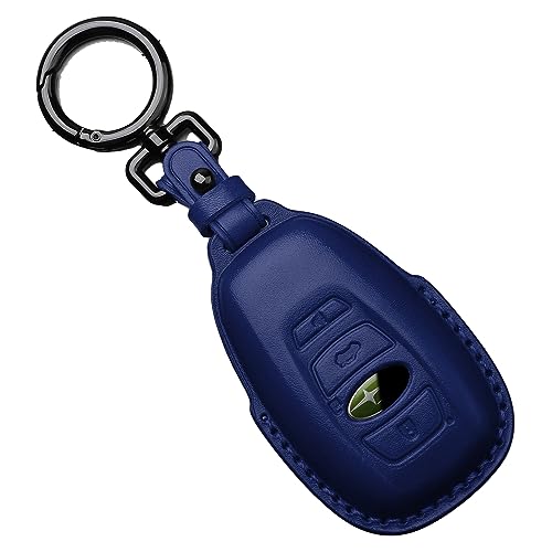 Tukellen Compatible with Subaru Leather Key Fob Cover with Keychain Fit for WRX Outback Ascent Forester Crosstrek Legacy Impreza Smart Remote, Genuine Leather Case-Blue - Image 1