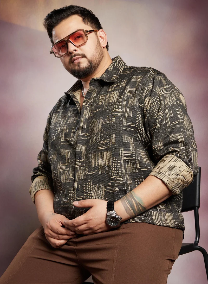 Instafab Plus Instafab Plus Men's Black & Beige Threadline -Weave Shirt For Casual Wear | Spread Collar | Long Cuffed Sleeves | Button Closure | Plus Size Shirt Crafted With Comfort Fit For Everyday Wear