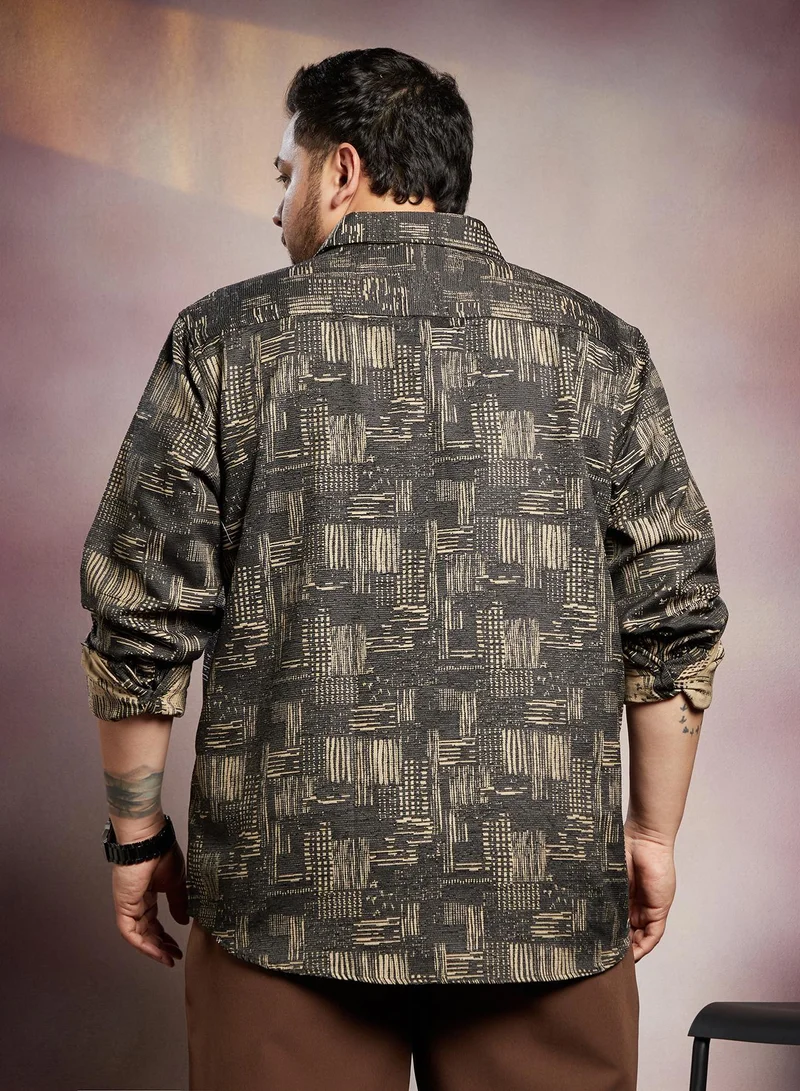 Instafab Plus  Instafab Plus Men's Black & Beige Threadline -Weave Shirt For Casual Wear | Spread Collar | Long Cuffed Sleeves | Button Closure | Plus Size Shirt Crafted With Comfort Fit For Everyday Wear for Men | Best Price UAE